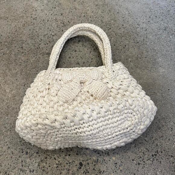 Women's Handbag White Raffia Straw 80s Satchel Purse Hand Bag Vintage Summer - Picture 2 of 3